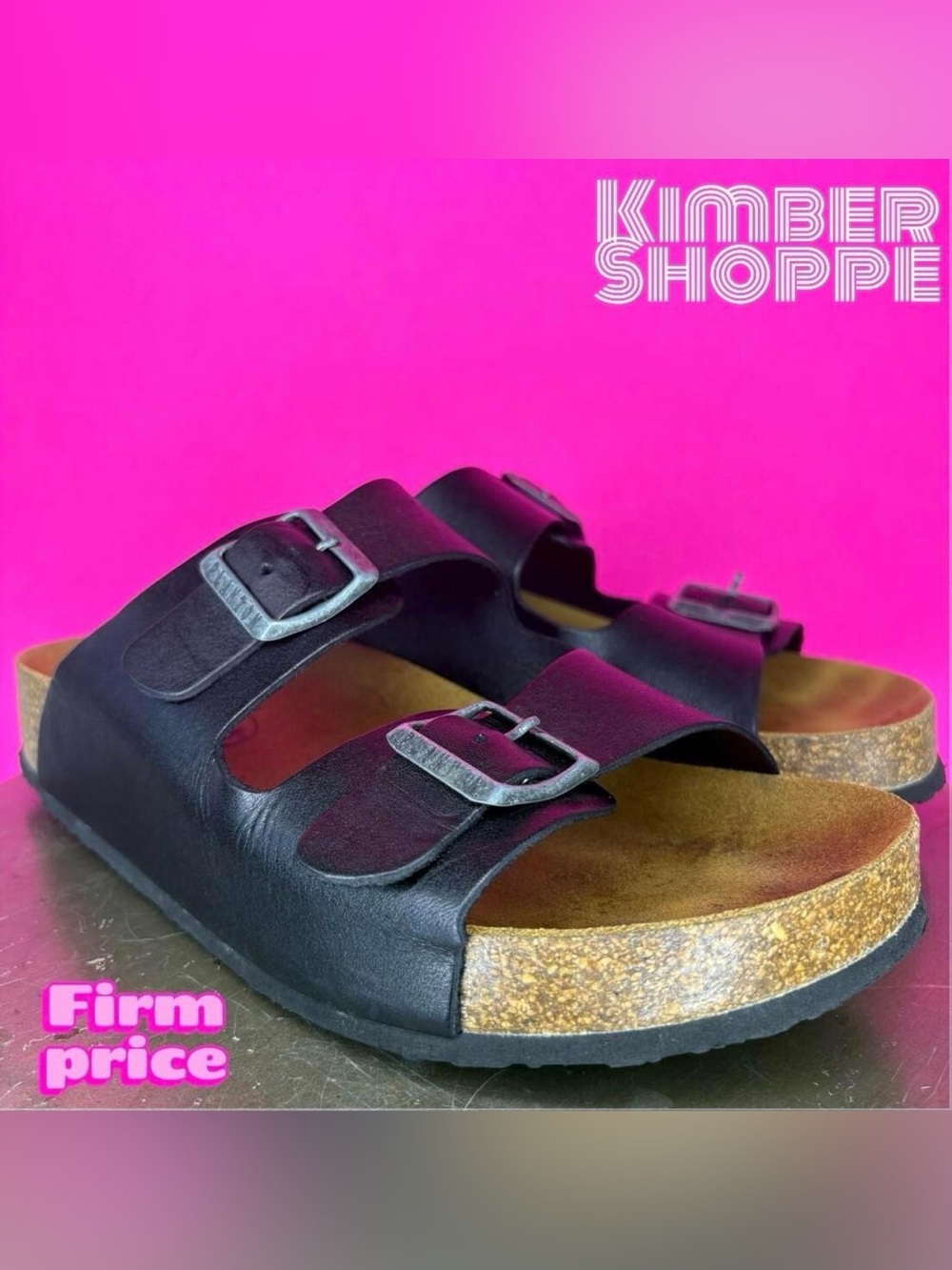 Plakton Black Leather Two Buckle Strap Slip-On Sandal EU 39 US 8